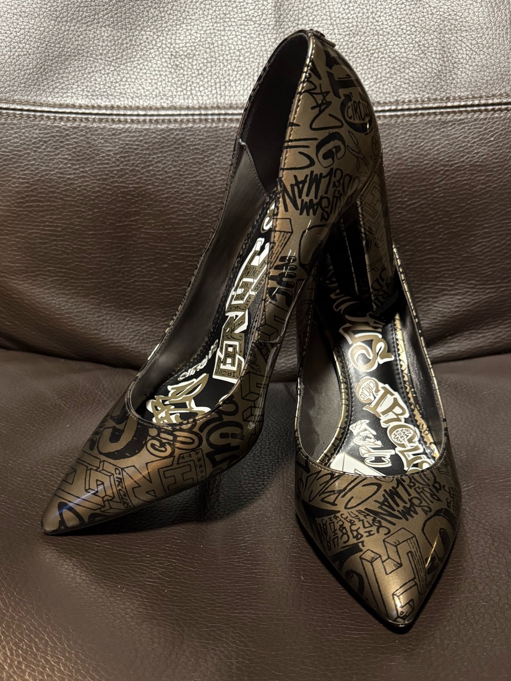 Circus by Sam Edelman Black and Gold Graffiti Pointed-Toe Pumps